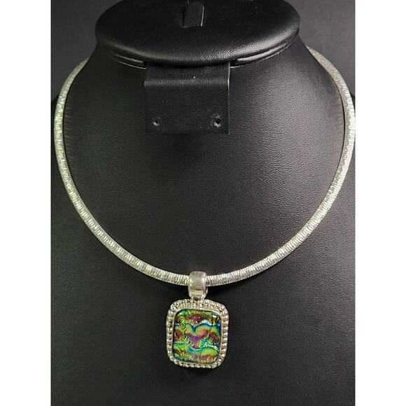 Dyadema 925 Sterling Silver Dichroic Glass Multicolor Pendant On Necklace Italy - Picture 2 of 6